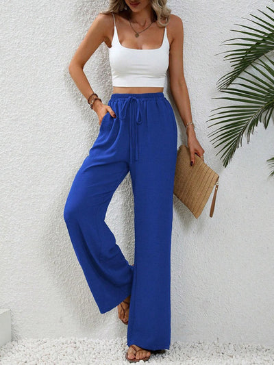 High Waisted Loose Elasticity Pleated Solid Color Tied Waist Pants Trousers