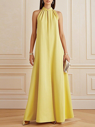 A-Line Loose Pleated Solid Color Mock Neck Maxi Dresses