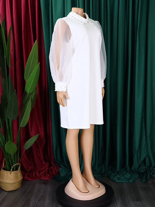 Puff Sleeves Beads Mesh Solid Color Split-Joint Round-neck Midi Dresses