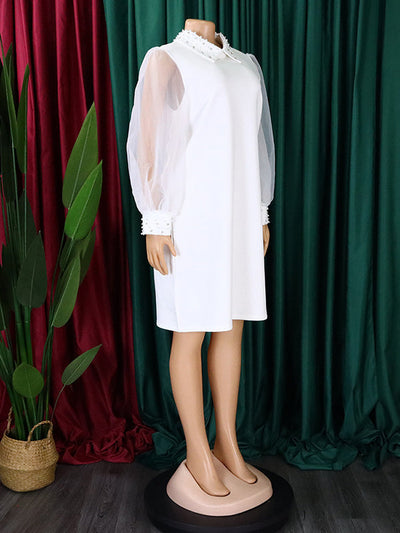 Puff Sleeves Beads Mesh Solid Color Split-Joint Round-neck Midi Dresses