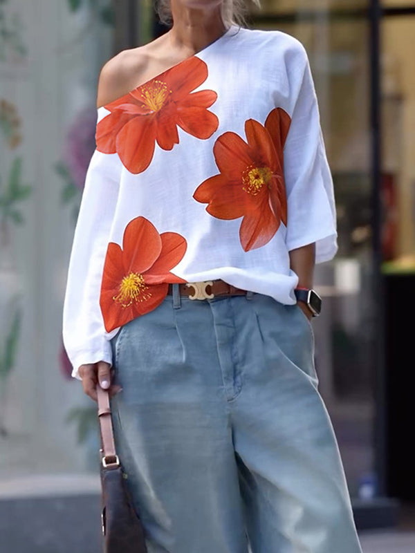 Long Sleeves Loose Flower Print One-Shoulder T-Shirts Tops