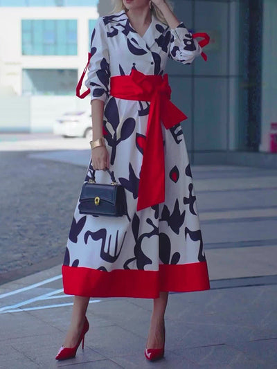 A-Line Long Sleeves Buttoned Contrast Color Tied Waist Notched Collar Maxi Dresses Shirt Dress