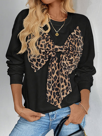 Long Sleeves Loose Bowknot Leopard Round-Neck Sweatshirt Tops