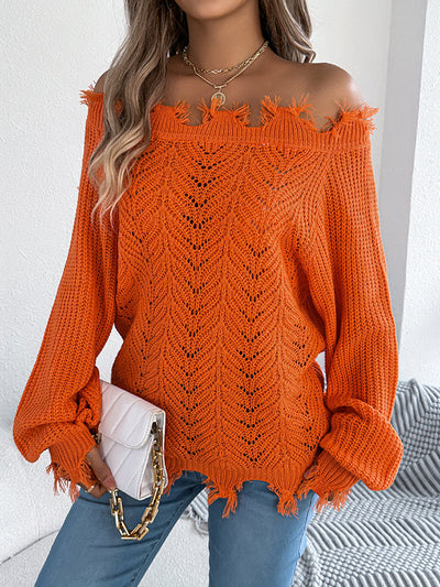 Long Sleeves Hollow Knitted Leaves Ribbed Knit See-Through Solid Color Off-The-Shoulder Sweater Tops