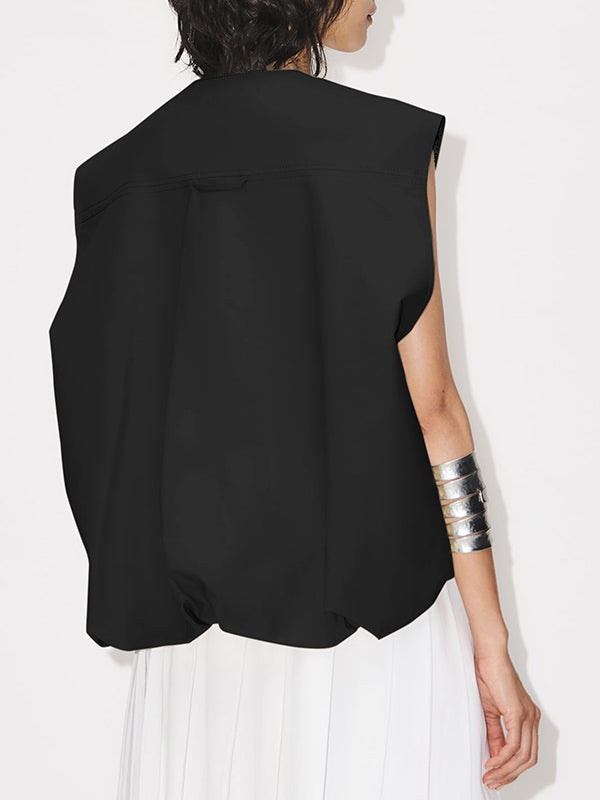 Loose Sleeveless Pockets Split-Joint Zipper Round-Neck Vest Outerwear