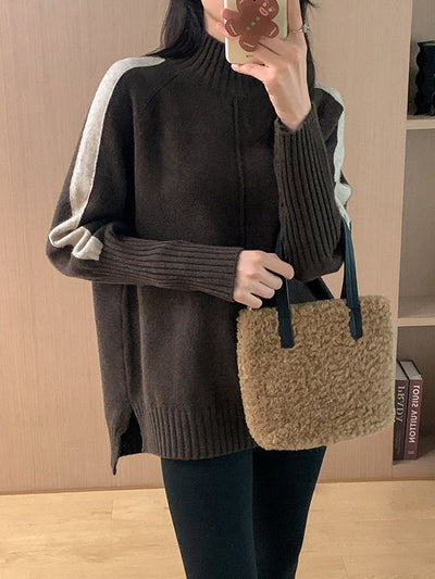 High-Low Long Sleeves Contrast Color Split-Joint Split-Side High Neck Pullovers Sweater Tops
