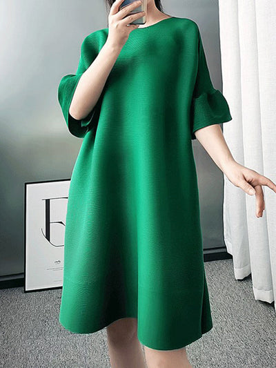 A-line Flared Sleeves Pleated Solid Color Round-neck Maxi Dresses Midi Dresses