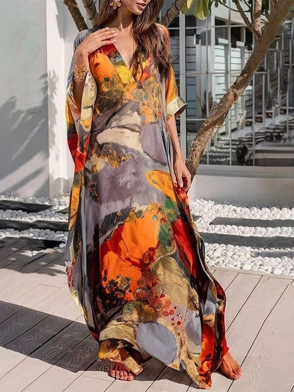 Batwing Sleeves Loose Gauze Printed Split-Joint V-Neck Maxi Dresses