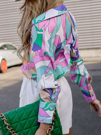 Long Sleeves Loose Contrast Color Printed Lapel Blouses