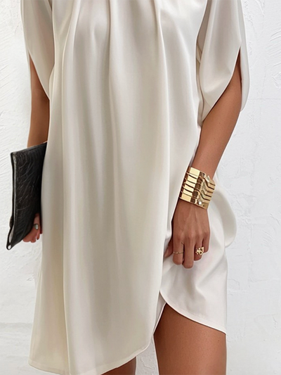 Loose Short Sleeves Solid Color Stand Collar Mini Dresses