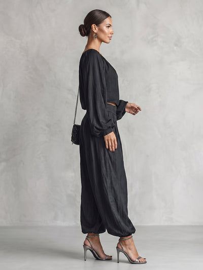 Pleated Solid Color One-Shoulder Cropped Blouses&Shirts Tops + High Waisted Pockets Pants Trousers Two Pieces Set