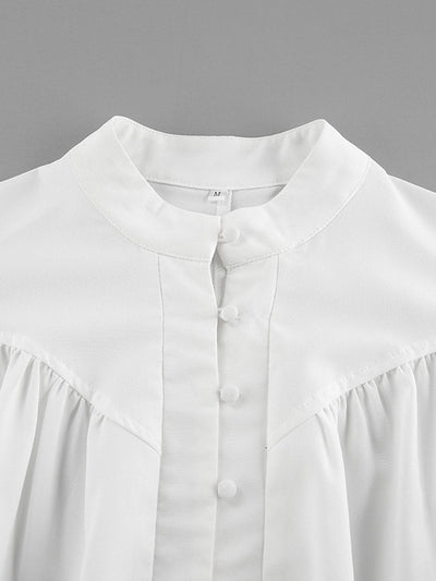 Long Sleeves Loose Buttoned Pleated Solid Color Split-Joint Stand Collar Blouses&Shirts Tops