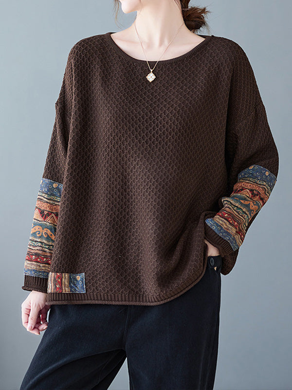 Long Sleeves Loose Printed Split-Joint Round-Neck Pullovers Sweater Tops