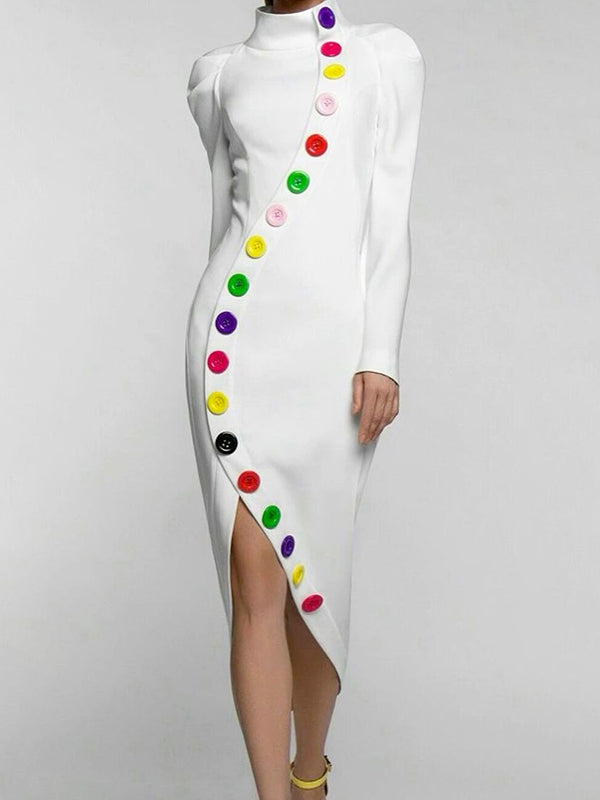 Long Sleeves Buttoned Contrast Color High Neck Midi Dresses