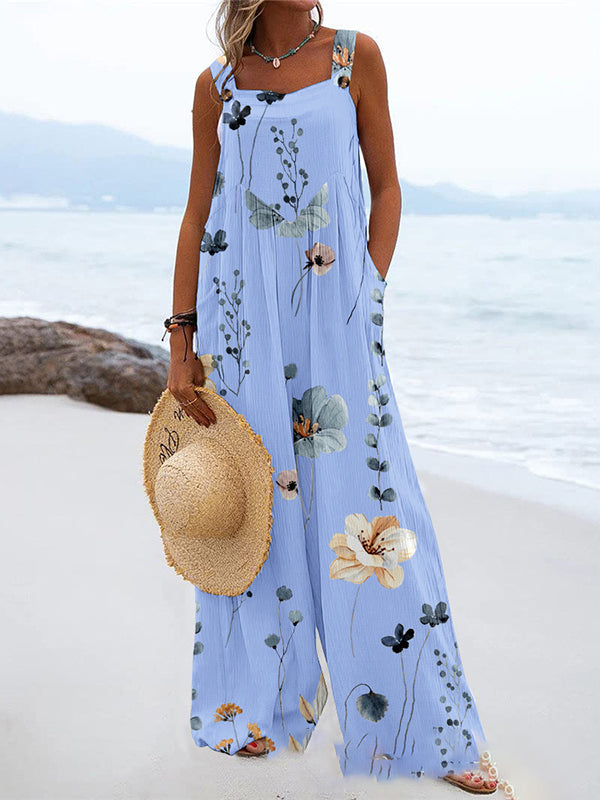 Loose Sleeveless Buttoned Flower Print Pleated Pockets Split-Joint Square-Neck Jumpsuits