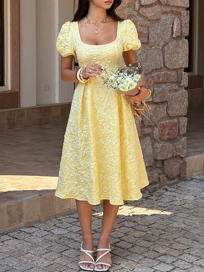 High Waisted Puff Sleeves Jacquard Pleated Solid Color Split-Joint Square-Neck Midi Dresses