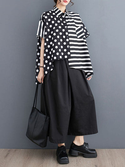 Loose Short Sleeves Buttoned Contrast Color Pockets Polka-Dot Split-Back Split-Joint Striped Lapel Blouses&Shirts Tops
