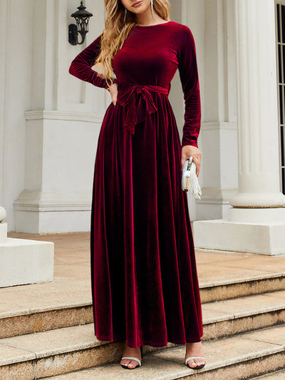 Long Sleeves Wrap Belted Pleated Solid Color Zipper Round-Neck Maxi Dresses