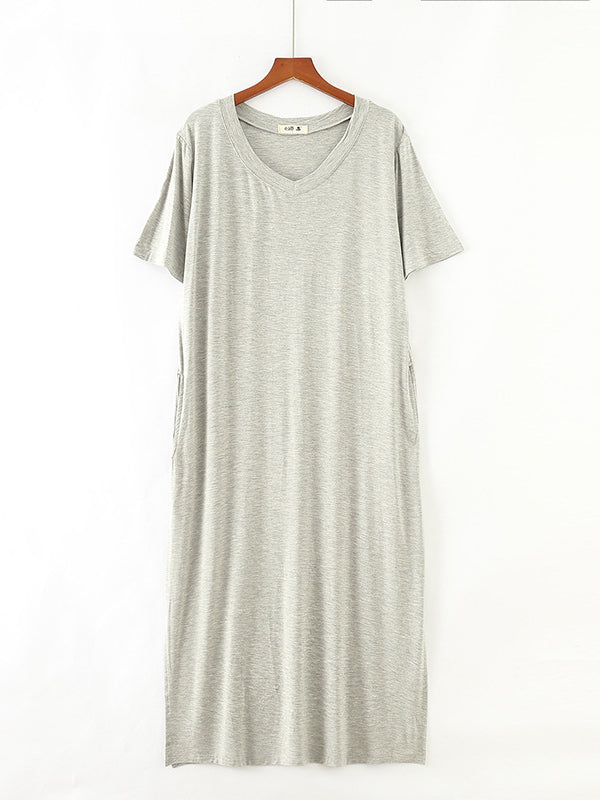 Simple Short Sleeves Loose Split-Side Solid Color V-Neck Pajamas Dress