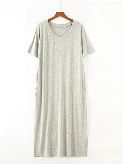 Simple Short Sleeves Loose Split-Side Solid Color V-Neck Pajamas Dress