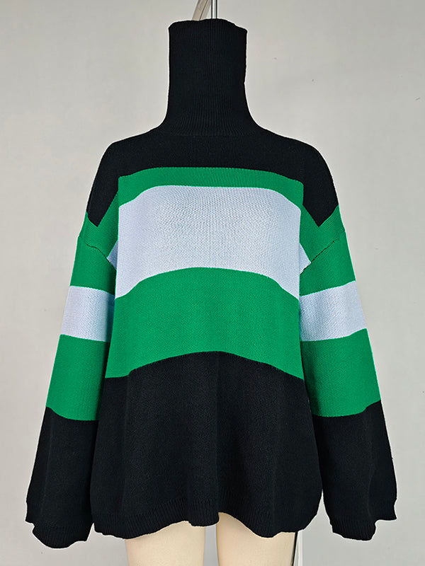 Flared Sleeves High-Low Contrast Color Split-Joint High Neck Pullovers Sweater Tops