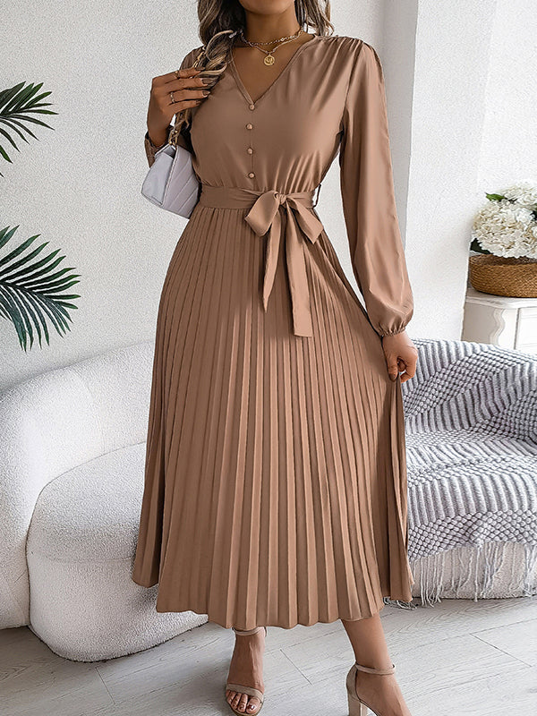 High Waisted Long Sleeves Belted Buttoned Pleated Solid Color V-Neck Maxi Dresses