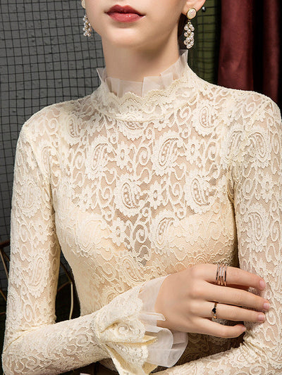 Flared Sleeves Long Sleeves See-Through Solid Color Split-Joint Mock Neck T-Shirts Tops