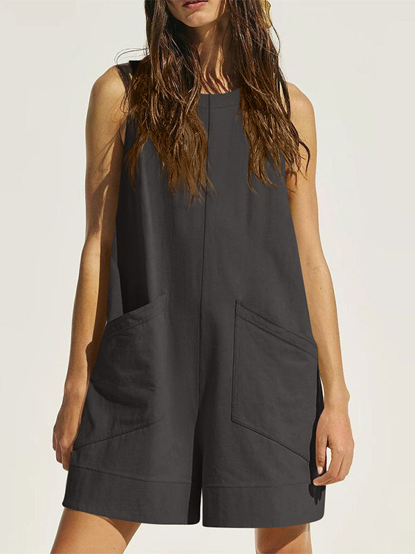 Loose Sleeveless Pockets Solid Color Round-Neck Rompers