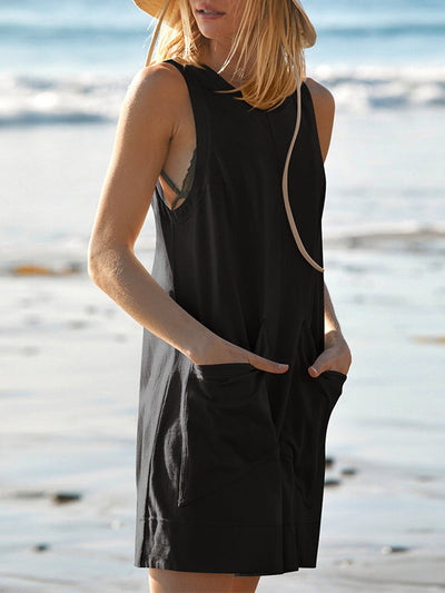 Loose Sleeveless Pockets Solid Color Round-Neck Rompers