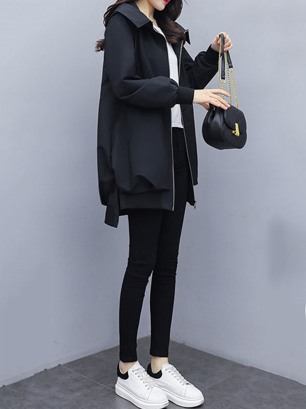 Casual Loose 4 Colors Pleated Zipper Hooded Long Sleeves Outwear