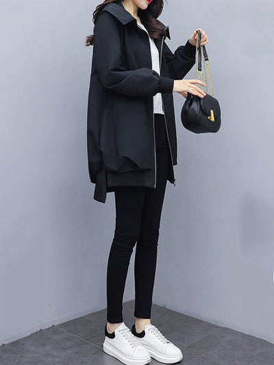 Casual Loose 4 Colors Pleated Zipper Hooded Long Sleeves Outwear