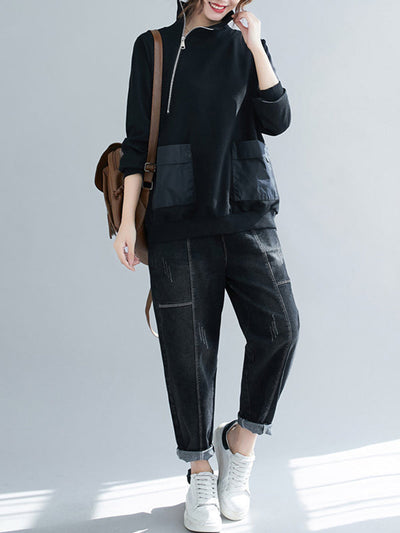 Artistic Retro Loose Zipper High-Neck Long Sleeves Sweatshirt Top