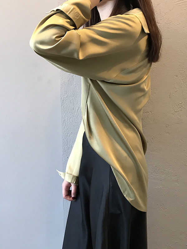 Satin V-Neck Loose Solid Color High-Low Long Sleeve Shirts