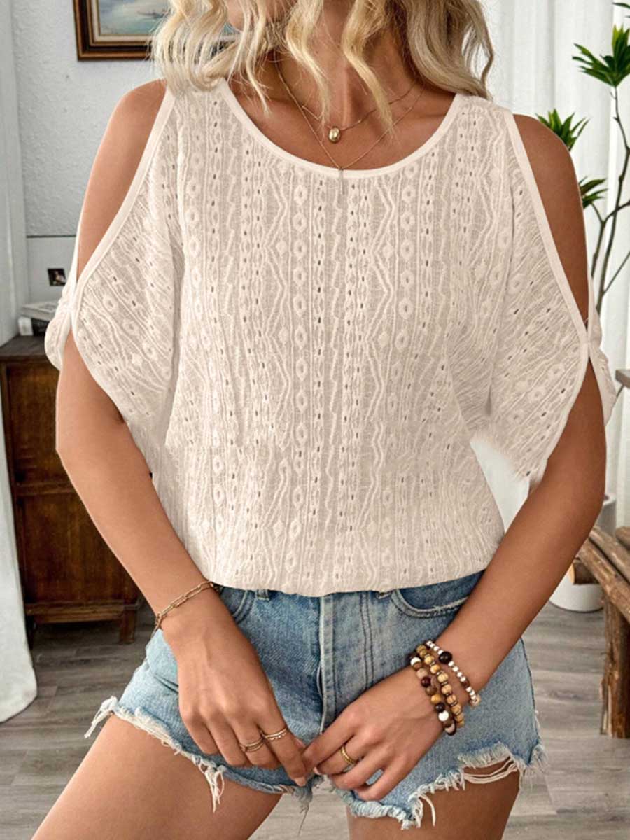 Loose Short Sleeves Solid Color Split-Joint Textured Cold Shoulder Blouses&Shirts Tops
