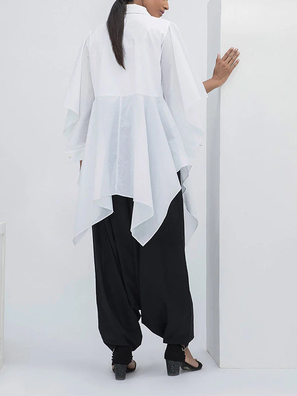 Flared Sleeves Half Sleeves Buttoned Solid Color Split-Joint Lapel Blouses&Shirts Tops