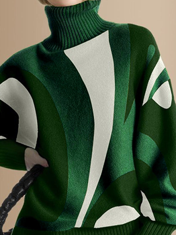 Long Sleeves Loose Contrast Color Split-Joint High Neck Pullovers Sweater Tops