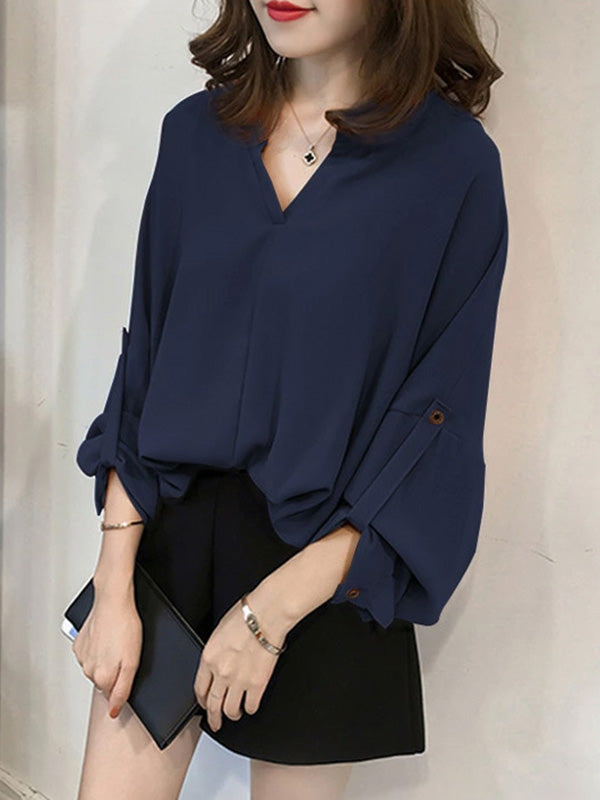 Casual Long Sleeves Loose Solid Color V-Neck Blouses&Shirts Tops