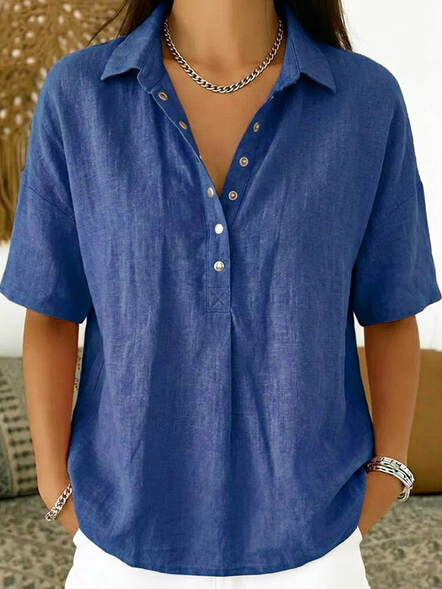 Half Sleeves Loose Buttoned Solid Color Lapel Blouses&Shirts Tops