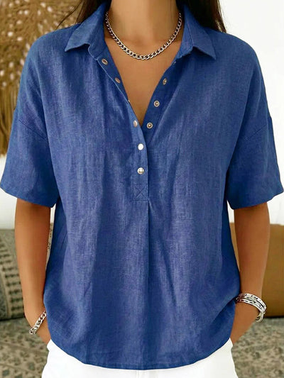 Half Sleeves Loose Buttoned Solid Color Lapel Blouses&Shirts Tops