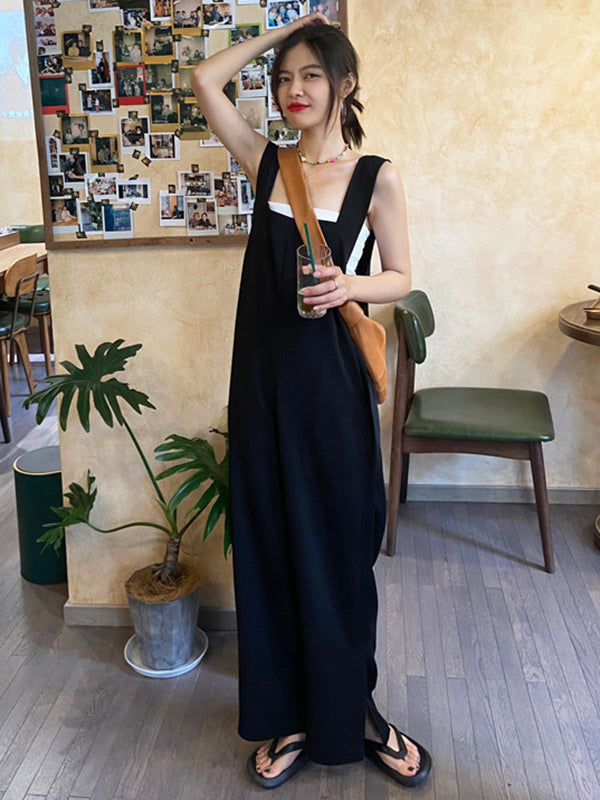 Original Creation Sleeveless Loose Solid Color Square-Neck Overalls