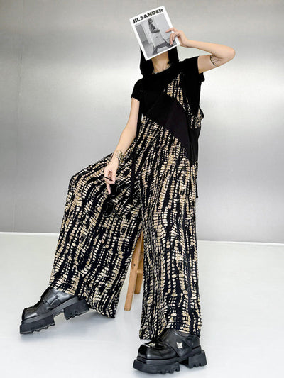 Loose Sleeveless Asymmetric Contrast Color Printed Split-Joint Spaghetti-Neck Overalls