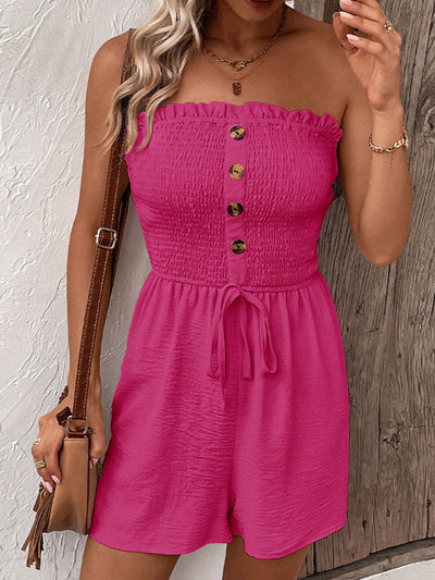 Loose Plus Size Buttoned Drawstring Elasticity Pockets Split-Joint Tube Rompers