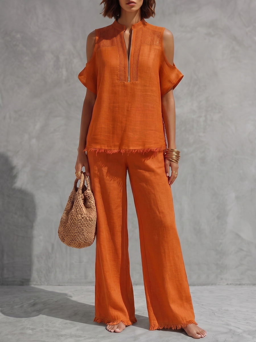 Fringed Cold Shoulder Half-Zip Solid Color Short Sleeve Blouses&Shirts Tops +  Pants Bottoms Trousers Two Pieces Set