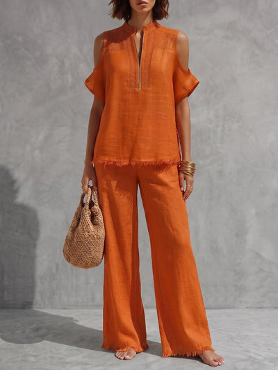 Fringed Cold Shoulder Half-Zip Solid Color Short Sleeve Blouses&Shirts Tops +  Pants Bottoms Trousers Two Pieces Set