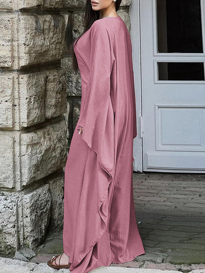 Batwing Sleeves Long Sleeves Solid Color Round-Neck Maxi Dresses