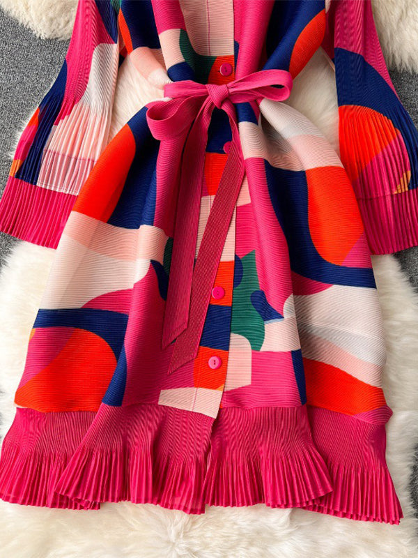 Flared Sleeves Loose Belted Contrast Color Pleated Midi Dresses