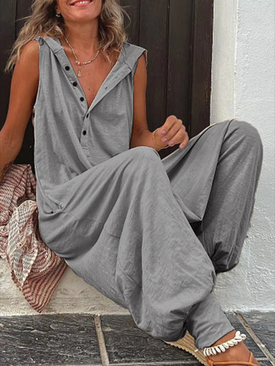 Hooded Loose Buttoned Solid Color V-neck Jumpsuits