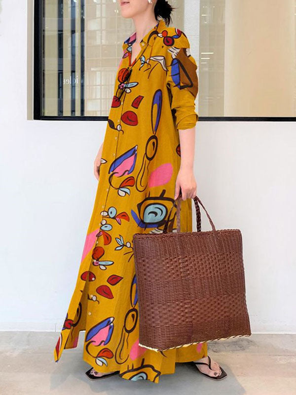 Long Sleeves Loose Buttoned Pockets Printed Lapel Maxi Dresses Shirt Dress