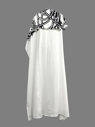 A-Line Capelet Contrast Color Printed Mock Neck Maxi Dresses