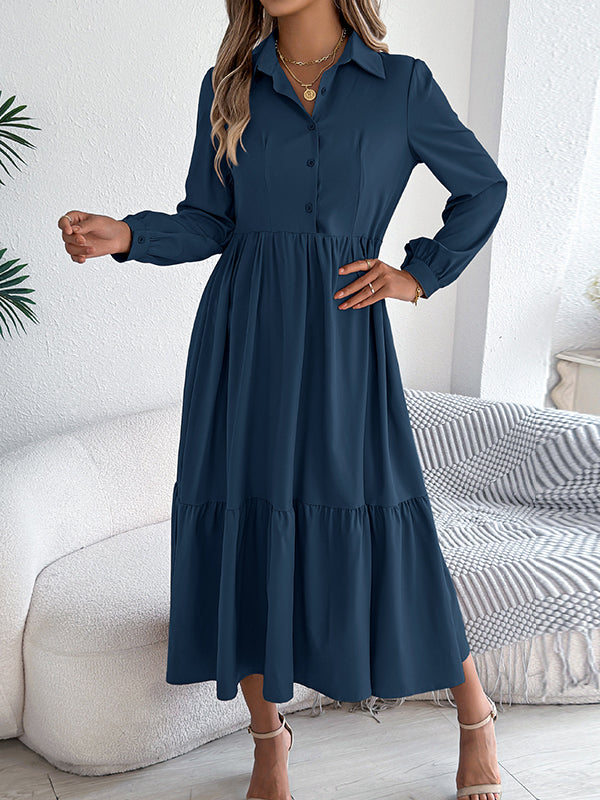 High Waisted Long Sleeves Pleated Ruffled Solid Color Lapel Midi Dresses Shirt Dress